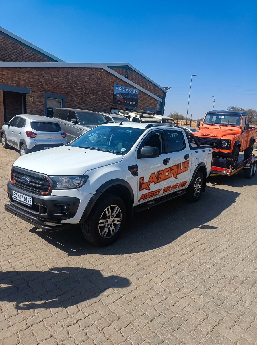 Juels Towing flatbed loading a Land Rover Defender in Pretoria