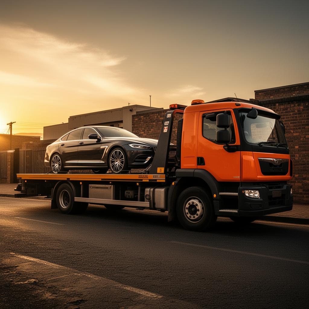 Orange flatbed tow truck loading a luxury SUV at golden hour