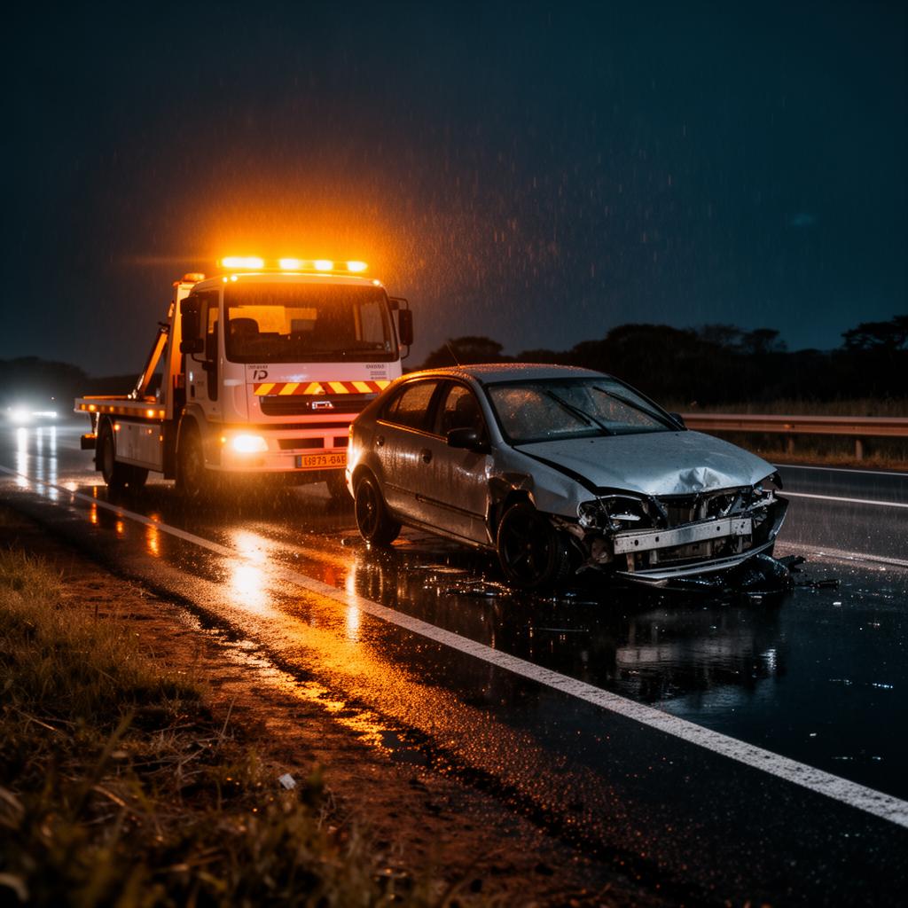 Night-time roadside recovery in the rain with amber warning lights